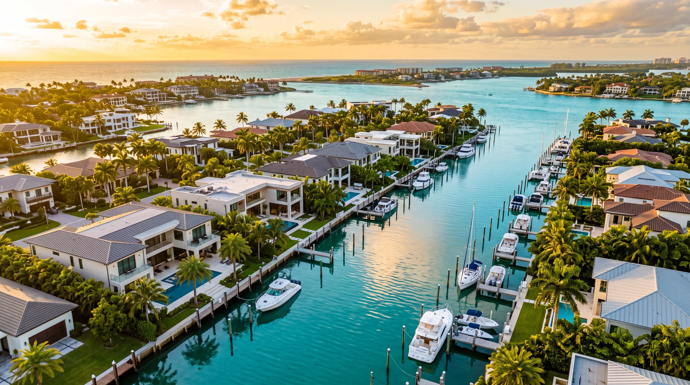 Aerial view of a Southeast Florida coastal waterway at golden hour